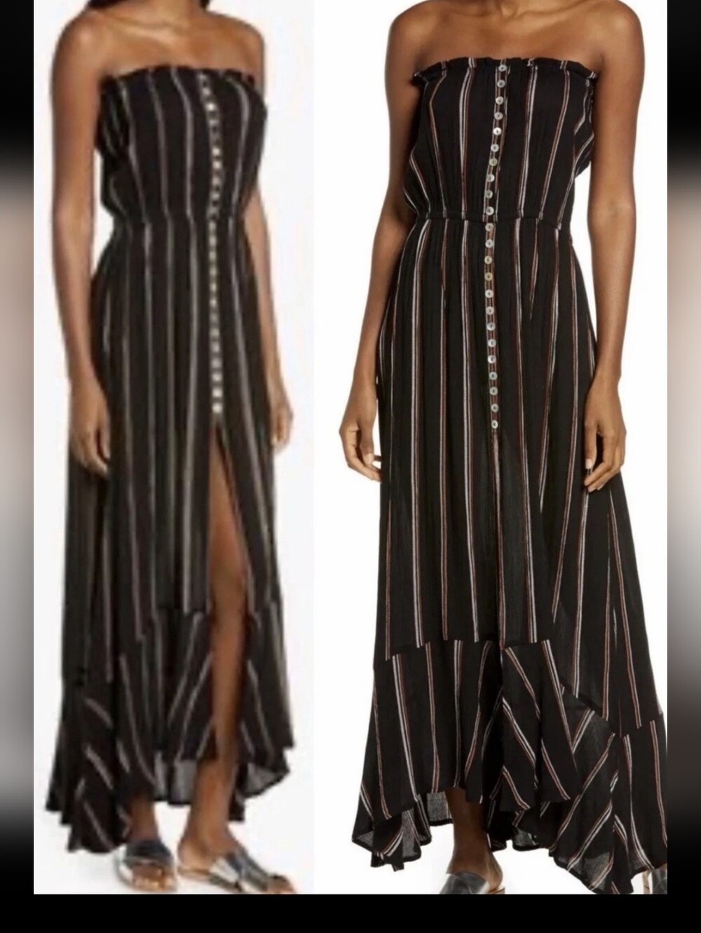 Elan Black Striped Strapless Button Down High Front Slit Maxi Dress Size Medium